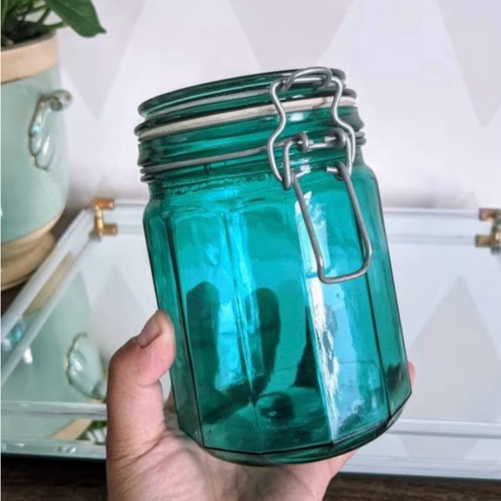 Vintage Teal Green Clamped Lidded Jar 5.75" tall and 4" wide Trigger and Bail